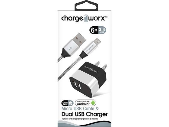 CARGADOR DE PARED + CABLE MICRO USB, DUAL USB (2.4AMP) CHARGEWORX PARA SMARTPHONES & TABLETS, 6FT, PLATEADO, METAL , COMPATIBLE CON ANDROID