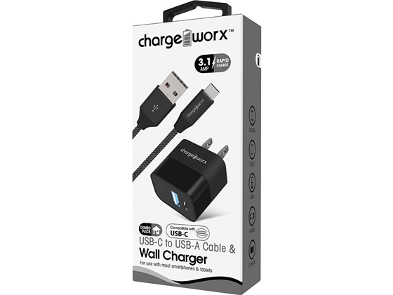 CARGADOR DE PARED + CABLE USB-C /USB-A, (3.4AMP), CHARGEWORX PARA SMARTPHONES & TABLETS, CABLE 3FT, NEGRO.