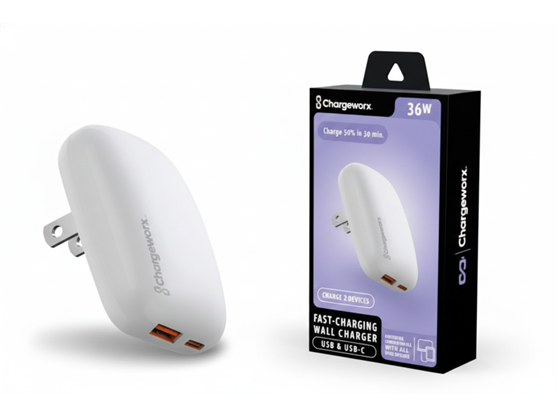 CARGADOR DE PARED DUAL USB-A Y USB TYPE-C  CHARGEWORX PARA SMARTPHONES & TABLETS,PD 36W, ENCHUFE PLEGABLE, BLANCO.