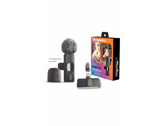 MICRÓFONO INALAMBRICO DE SOLAPA CHARGEWORX, ADAPTADOR INTEGRADO PARA IPHONE Y ANDROID, 3.5H DE GRABACION, 33FT, COLOR NEGRO