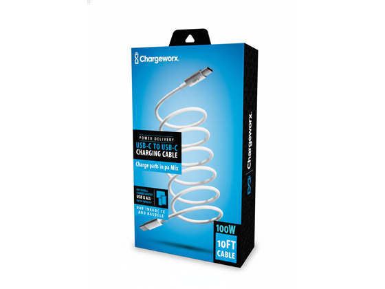 CABLE USB-C TO USB-C CHARGEWORX, 10FT, 100W, BLANCO