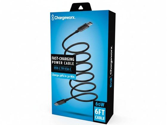 CABLE USB-C TO USB-C CHARGEWORX, 6FT, 60W, NEGRO,