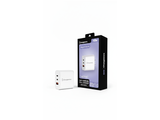 CARGADOR DE PARED USB-A Y USB TYPE-C  CHARGEWORX PARA SMARTPHONES & TABLETS,PD 48W, CARGA 3 DISPOSITIVOS A LA VEZ, BLANCO.