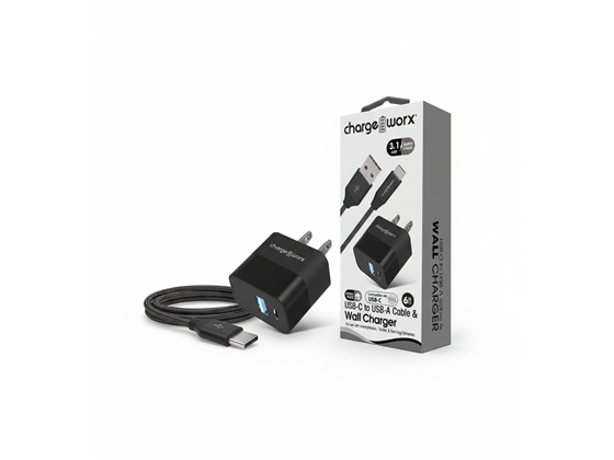 CARGADOR DE PARED DUAL USB Y USB TYPE C + CONECTOR USB-C, PARA SMARTPHONES & TABLETS 6FT, NEGRO