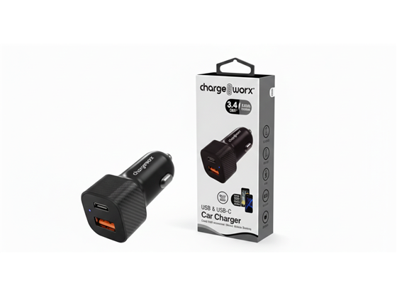 CARGADOR PARA CARRO CHARGEWORX, USB-A Y USB TYPE C, NEGRO