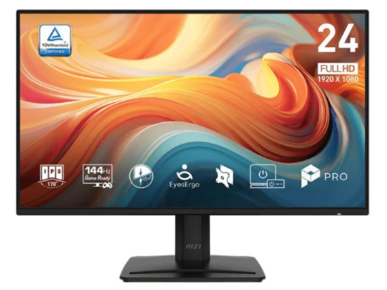MONITOR MSI PRO MP242 E14A 24" IPS FHD 144HZ, 1X HDMI 2.0B, 1X DISPLAYPORT 1.2A, 1X D-SUB (VGA), 1MS (MPRT) / 4MS (GTG), ADAPTIVE-SYNC, HDR READY, ALTAVOCES INTEGRADOS, ANTI-GLARE, COLOR NEGRO (PRO MP242 E14A)