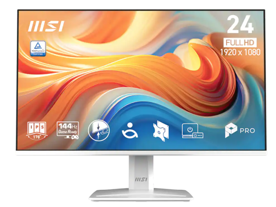 MONITOR MSI PRO MP243W E14 24" IPS FHD 144HZ, 1X HDMI 1.4B, 1X DISPLAYPORT 1.2A, 1MS (MPRT) / 4MS (GTG), ADAPTIVE-SYNC, HDR READY, ALTAVOCES INTEGRADOS, ANTI-GLARE, COLOR BLANCO (PRO MP243W E14)