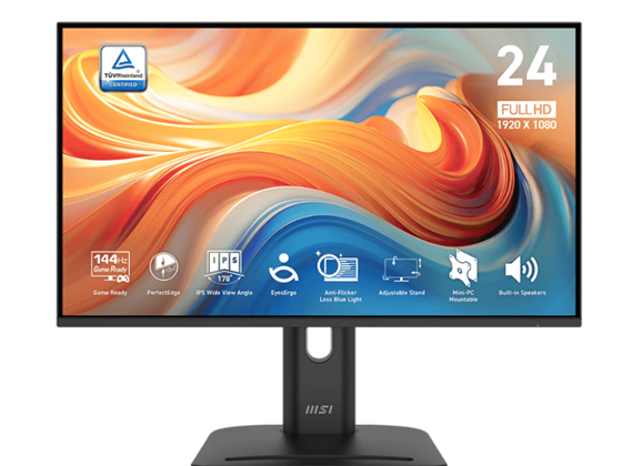MONITOR MSI PRO MP245PG E14 24" IPS FHD 144HZ, 1X HDMI 2.0, 1X DISPLAYPORT 1.2A, 1X D-SUB (VGA), 1MS (MPRT) / 4MS (GTG), ADAPTIVE-SYNC, HDR READY, ALTAVOCES INTEGRADOS, SOPORTE AJUSTABLE ERGONÓMICO, ANTI-GLARE, COLOR NEGRO (PRO MP245PG E14)