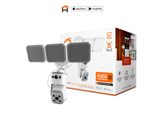 CAMARA DE VIGILANCIA NEXXT SMART LENTES DUALES (1 FIJO + 1 PTZ) + 3 REFLECTORES DE LUZ LED (HOME AUTOMATION), 2K DUAL, 3MP POR LENTE, DIA Y NOCHE, EXTERIOR, RANURA MICRO SD + CLOUD, WIFI AC, IP65, SOFTWARE DE GRABACION, COMUNICACIÓN DE DOBLE VIA, LUCES SE ACTIVAN POR MOVIMIENTO, 4000 LUMENS (NHC-FP50DL)