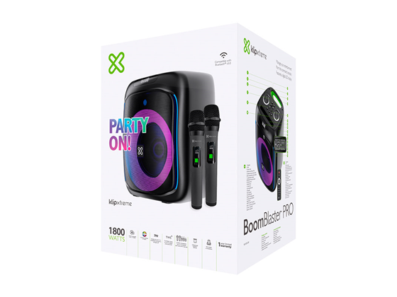 BOCINA KLIPX EXTREME BOOMBLASTER X, 1800 WATTS RMS, HASTA 7 HORAS DE REPRODUCCION, LUCES LED, 2 MICROFONOS INCLUIDOS, COMPATIBLE CON TWS, BT 5.0, MICRO SD,  (KLS-655-2M)