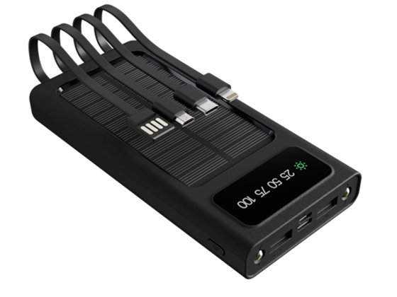 CARGADOR MÓVIL (POWER BANK) XTECH CON PANEL SOLAR Y CABLES INTEGRADOS (1X USB MICRO - 1X USB-C - 1X LIGHTNING), 2X USB-A Y 1X USB-C (ENTRADA Y SALIDA), PANTALLA LED, 2 LINTERNAS LEDS, 10.000MAH (XPB-100)