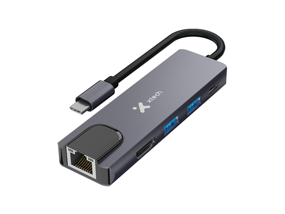 HUB USB-C XTECH MULTIPUERTOS 5 EN 1, 1X HDMI HEMBRA 4K, 2X USB-A 3.0, 1X USB-C 100 WATTS, 1X RJ45 GIGABIT, (XTC-572)