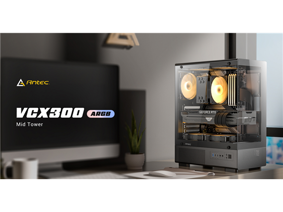 CASE GAMING ANTEC VCX300 ARGB MID-TOWER. POSEE UN DISEÑO PANORÁMICO DE 270 GRADOS CON PANEL DE VIDRIO TEMPLADO SIN PILARES (A-PILLAR FREE) PARA UNA VISIBILIDAD TOTAL DEL INTERIOR. INCLUYE CINCO ABANICOS ARGB DE 120MM PREINSTALADOS (1 TRASERO, 2 SUPERIORES Y 2 SOBRE EL COMPARTIMENTO DEL POWER SUPPLY). DISEÑO DE FLUJO DE AIRE VERTICAL OPTIMIZADO DESDE LA BASE HACIA ARRIBA. COMPATIBLE CON PLACAS BASE ATX, MICRO-ATX E ITX. SOPORTA TARJETAS GRÁFICAS DE HASTA 320MM Y DISIPADORES DE CPU DE HASTA 165MM DE ALTURA. PANEL I/O CON (2) USB 2.0, (1) USB 3.0, AUDIO HD Y BOTÓN DE CONTROL LED.