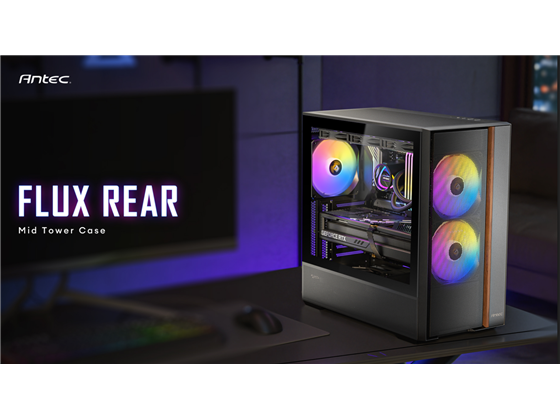 [FLUX-REAR] CASE GAMING ANTEC FLUX REAR MID-TOWER. ESTRUCTURA F-LUX PARA ENFRIAMIENTO OPTIMIZADO DE GPU. PANEL FRONTAL DE MALLA METÁLICA CON ACABADOS EN MADERA PREMIUM Y LATERAL DE VIDRIO TEMPLADO. INCLUYE CINCO VENTILADORES PWM PREINSTALADOS (TRES ARGB Y DOS REVERSE). CONECTIVIDAD: USB TYPE-C (10GBPS), DOS USB 3.0 Y AUDIO HD. COMPATIBLE CON PLACAS ATX Y BACK-CONNECT. SOPORTA DISIPADORES DE HASTA 180MM Y GPU DE 400MM. INCLUYE SOPORTE PARA TARJETA DE VIDEO Y FILTRO DE POLVO INFERIOR.