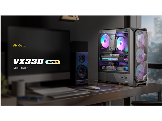 [VX330-ARGB] CASE ANTEC VX330 ARGB - MID TOWER GAMING CHASSIS - DISEÑO DE ALTO FLUJO DE AIRE CON PANEL FRONTAL DE MALLA CON PATRÓN ONDULADO - PANEL LATERAL DE VIDRIO TEMPLADO - INCLUYE 4 ABANICOS DE 120MM ARGB PRE-INSTALADOS (3 FRONTALES Y 1 TRASERO) - PANEL I/O: 1X USB 3.1, 2X USB 2.0, MIC/HD-AUDIO Y BOTÓN DE CONTROL LED - COMPATIBILIDAD CON DISIPADORES DE CPU DE HASTA 165MM DE ALTURA Y TARJETAS DE VIDEO (GPU) DE HASTA 320MM - SOPORTE PARA HASTA 6 ABANICOS DE 120MM SIMULTÁNEOS
