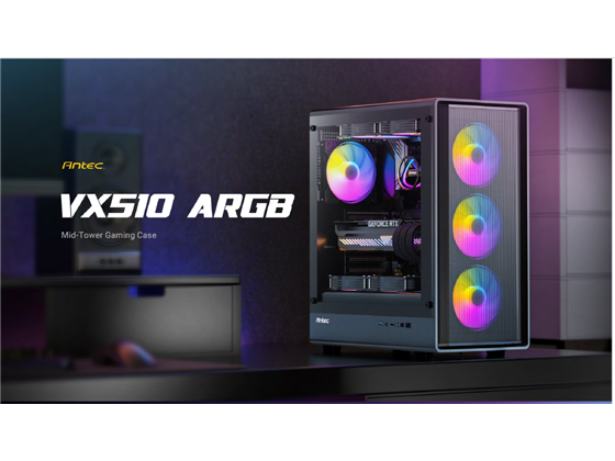 [VX510-ARGB] CASE GAMING ANTEC VX510 ARGB MID-TOWER. DISEÑO DE ALTO FLUJO DE AIRE CON AMPLIAS APERTURAS FRONTALES PARA OPTIMIZAR LA VENTILACIÓN Y PROTECCIÓN CONTRA EL POLVO. PANEL LATERAL DE VIDRIO TEMPLADO. INCLUYE CUATRO VENTILADORES ARGB DE 120MM PREINSTALADOS (TRES FRONTALES Y UNO TRASERO). CONECTIVIDAD FRONTAL EN PANEL I/O: BOTÓN DE ENCENDIDO, BOTÓN DE CONTROL LED Y CONECTOR COMBO DE AUDIO/MICRÓFONO. SOPORTA PLACAS BASE ATX, MICRO-ATX E ITX. ALTURA MÁXIMA DISIPADOR CPU: 175MM. LONGITUD MÁXIMA DE TARJETA GRÁFICA (GPU): 325MM. CAPACIDAD TOTAL PARA HASTA OCHO VENTILADORES DE 120MM SIMULTÁNEOS.