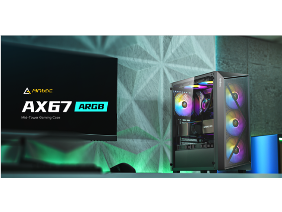 [AX67-ARGB] CASE GAMING ANTEC AX67 ARGB MID-TOWER. DISEÑO DE PANEL FRONTAL DE MALLA GEOMÉTRICA PARA UN FLUJO DE AIRE ALTAMENTE EFICIENTE Y ESTILO MODERNO. PANEL LATERAL DE VIDRIO TEMPLADO. INCLUYE CUATRO VENTILADORES ARGB DE 120MM PREINSTALADOS CON SOPORTE PARA SINCRONIZACIÓN CON PLACA BASE. CONECTIVIDAD FRONTAL: UN PUERTO USB 3.0, DOS PUERTOS USB 2.0, AUDIO HD Y BOTÓN DE CONTROL LED. SOPORTA PLACAS BASE ATX, MICRO-ATX E ITX. ALTURA MÁXIMA DISIPADOR CPU: 160MM. LONGITUD MÁXIMA GPU: 345MM (SIN RADIADOR FRONTAL). ESPACIO PARA GESTIÓN DE CABLES DE HASTA 24MM. CAPACIDAD PARA HASTA OCHO VENTILADORES DE 120MM SIMULTÁNEOS.