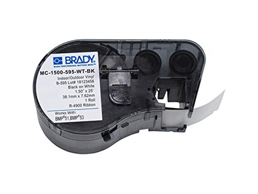 [88829] LABEL BRADY MC-1500-595-WT-BK,CINTA DE VINILO DE ALTA ADHERENCIA (MC-1500-595-WT-BK) - PELÍCULA DE VINILO NEGRO SOBRE BLANCO - COMPATIBLE CON IMPRESORAS DE ETIQUETAS BMP51 Y BMP53 - 25.0 FT DE LONGITUD, 1.5 IN DE ANCHO, PAQUETE DE 1, NEGRO SOBRE BLANCO
