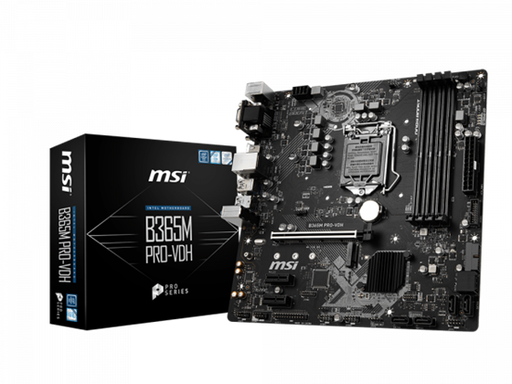 [87884] MB MSI B365M PRO-VDH, SOCKET 1151, CPU (MAX SUPPORT) I9 (9NA. GEN), CHIPSET INTEL® B365 CHIPSET, DDR4 MEMORY 2666/2400/2133, MEMORY CHANNEL DUAL, DIMM SLOTS 4, MAX MEMORY (GB) 64, PCI-E X16 1, PCI-E GEN GEN3 , PCI-E X1 2, SATAIII 6, M.2 SLOT 1, RAID 0/1/5/10, TPM (HEADER) 1, LAN 1X REALTEK RTL8111H, USB 3.1 PUERTOS (DELANTERO) 4 (GEN1, TIPO A), PUERTOS USB 3.1 (TRASERO) 1 (GEN1, TIPO C), 3 (GEN1, TIPO A), PUERTOS USB 2.0 (FRONTAL) 4, PUERTOS USB 2.0 (TRASERO) 2, PUERTOS SERIE (FRONTAL) 1, PUERTO PARALELO (FRONTAL) 1, PUERTOS DE AUDIO (TRASERO) CÓDEC REALTEK® ALC892, DVI-D 1, VGA 1, HDMI 1, DIRECTX 12, FORM FACTOR MICRO-ATX, SISTEMA OPERATIVO SOPORTE PARA WINDOWS® 10 DE 64 BITS,