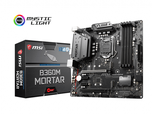 [90558] MB MSI B360M MORTAR, CPU SUPPORT 8TH / 9TH GEN INTEL, SOCKET 1151, CHIPSET INTEL B360 CHIPSET, DDR4 MEMORY 2666/ 2400/ 2133 MHZ, MEMORY CHANNEL DUAL, DIMM SLOTS 4, MAX MEMORY (GB) 64, PCI-E X16 2, PCI-E GEN GEN3, PCI-E X1 2, SATAIII 4, M.2 SLOT 2, TPM (HEADER) 1, LAN 10/100/1000*1, USB 3.1 PORTS (FRONT) 1(GEN2, TYPE C), 2(GEN1, TYPE A), USB 3.1 PORTS (REAR) 1(GEN2, TYPE C), 1(GEN2, TYPE A), USB 2.0 PORTS (FRONT) 2, USB 2.0 PORTS (REAR) 4, AUDIO PORTS (REAR) REALTEK ALC892 CODEC, DISPLAYPORT 1, DVI-D 1, HDMI 1, DIRECTX 12, FORM FACTOR M-ATX, CROSSFIRE Y, OPERATING SYSTEM SUPPORT FOR WINDOWS 10 64-BIT