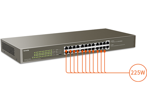 [93221] SWITCH 24 PUERTOS TENDA TEG1124P-24-250W, NO ADMINISTRABLE, VLAN, ETHERNET 10/100/1000, POE, DESKTOP/WALL MOUNTING, PORTECTOR CONTRA RAYOS, IEEE 802.3? IEEE 802.3U?IEEE 802.3AB?IEEE 802.3X? IEEE 802.3AF?IEEE 802.3AT