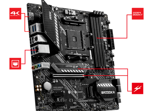 [90411] MB MSI MAG B550M BAZOOKA (AMD) , SOCKET AM4 , CPU R3,R5,R9, AMD B550 CHIPSET, DDR4 MEMORY FROM 2133 TO 4400 MHZ, MEMORY CHANNEL DUAL, DIMM SLOTS 4, MAX MEMORY (GB) 128, PCI-E X16 1, PCI-E GEN GEN3, PCI-E X1 2, SATAIII 4, M.2 SLOT 2, 1, LAN REALTEK® 8111HN, USB (FRONTAL) 1(GEN 1, TYPE C), 2(GEN 1, TYPE A), (TRASEROS) 4(GEN 1, TYPE A), USB 2.0 4X FRONTAL, 2X USB 2.0 TRASEROS, DISPLAYPORT 1, HDMI 1, DIRECTX 12, FORM FACTOR MATX, WINDOWS® 10 64-BIT