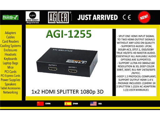 [87661] SPLITTER HDMI 1X2 AGILER, SUPORTA HASTA 1080P, (AGI-1255)