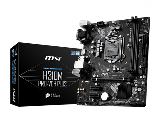 [87395] MB MSI H310M PRO-VDH PLUS, SOCKET 1151, CPU (MAX SUPPORT) I9 (9NA GEN), CHIPSET INTEL® H310 CHIPSET, DDR4 MEMORY 2666/2400/2133 MHZ, MEMORY CHANNEL DUAL, DIMM SLOTS 2, MAX MEMORY (GB) 32, PCI-E X16 1, PCI-E GEN GEN3, PCI-E X1 2, SATAIII 4, TPM (HEADER) 1, LAN 10/100/1000 * 1, PUERTOS USB 3.1 (FRONTAL) 2 (GEN1, TIPO A), PUERTOS USB 3.1 (TRASERO) 2 (GEN1, TIPO A), PUERTOS USB 2.0 (FRONTALES) 2, PUERTOS USB 2.0 (TRASEROS) 4, PUERTOS SERIE (FRONTALES) 1, PUERTOS DE AUDIO (TRASEROS) CÓDEC REALTEK® ALC887, DVI-D 1, VGA 1, HDMI 1, DIRECTX 12 , FORM FACTOR M-ATX, SISTEMA OPERATIVO SOPORTE PARA WINDOWS® 10 DE 64 BITS