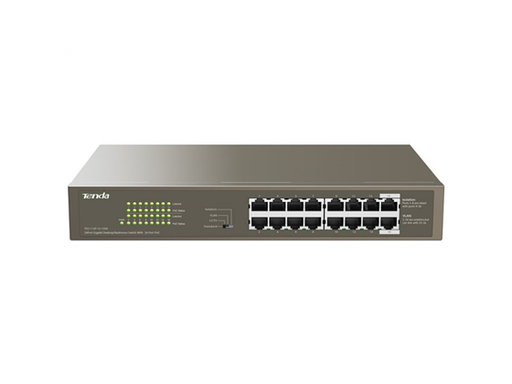 [92092] SWITCH 16 PUERTOS TENDA TEG1116P-16-150W, 16 P/10/100/1000 POE, MODALIDAD PARA CCTV, VLAND, EXTEND, STANDAR, PROTECTOR CONTRA RAYOS (CON TIERRA DEBIDAMENTE INSTALADA)