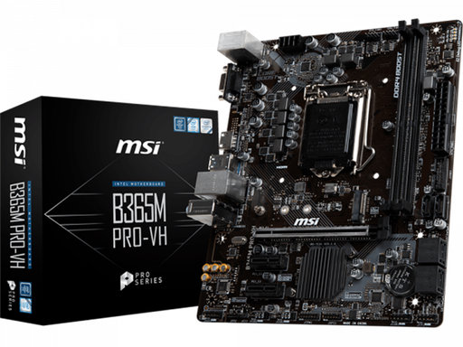 [87883] MB MSI B365M PRO-VH, SOCKET 1151, CPU (MAX SUPPORT) I9, CHIPSET INTEL® B365 CHIPSET, DDR4 MEMORY 2666/2400/2133, MEMORY CHANNEL DUAL, DIMM SLOTS 2, MAX MEMORY (GB) 32, PCI-E X16 1, PCI-E GEN GEN3 , PCI-E X1 2, SATAIII 6, M.2 SLOT 1, RAID 0/1/5/10, TPM (HEADER) 1, LAN 1X REALTEK RTL8111H, PUERTOS USB 3.1 (FRONTAL) 2 (GEN1, TIPO A), PUERTOS USB 3.1 (TRASERO) 4 (GEN1, TIPO A), PUERTOS USB 2.0 (FRONTAL) 4, PUERTOS USB 2.0 (TRASERO) 2, PUERTOS SERIE (FRONTAL) 1, PUERTOS DE AUDIO (TRASERO) CÓDEC REALTEK® ALC887, VGA 1, HDMI 1, DIRECTX 12, FORM FACTOR MICRO-ATX, SISTEMA OPERATIVO SOPORTE PARA WINDOWS® 10 DE 64 BITS