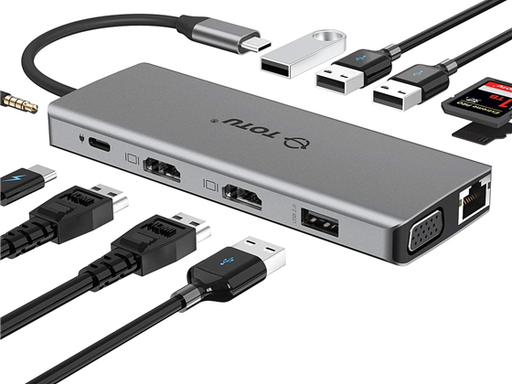 [90486] HUB USB TYPE C TOTU - 13 IN 1, LAN PORT, 2X HDMI 4K, VGA, 2X USB 3.0, 2X USB 2.0, SD/TF READER.