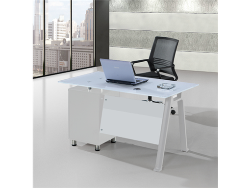 [90471] ESCRITORIO MYO CON 3 CAJONES, BASE DE METAL, TOPE DE VIDRIO, COLOR BLANCO (3 CAJAS).