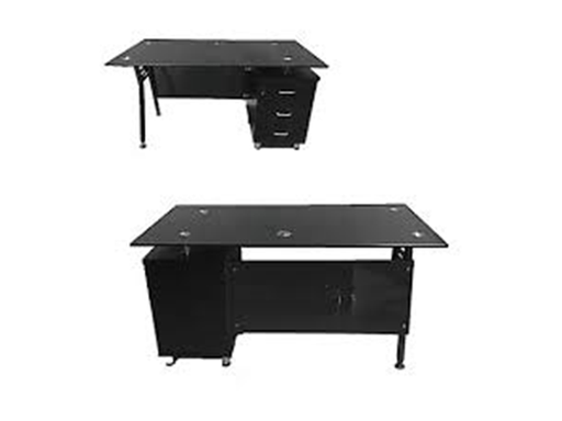 [90472] ESCRITORIO MYO CON 3 CAJONES, BASE DE METAL, TOPE DE VIDRIO, COLOR NEGRO.