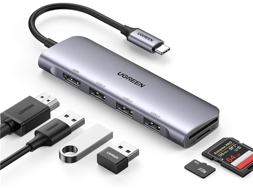 [92340] HUB USB-C UGREEN, 6 EN 1, HDMI 4K, 3 PUERTOS USB 3.0, LECTOR DE TARJETAS SD/TF, PLATA