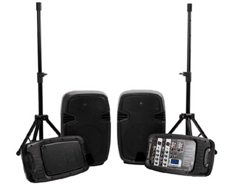 [79280] BOCINA MYO 10" (CONJUNTO DE 2 BOCINAS + 2 TRIPODES), 4 ENTRADA DE MICROFONO, CON SUBWOOFER, LECTOR SD, BLUETOOTH, MP3 Y MP4, PUERTO USB, FM, 200W + 200W, NEGRAS,  (MYO-PA2X10)