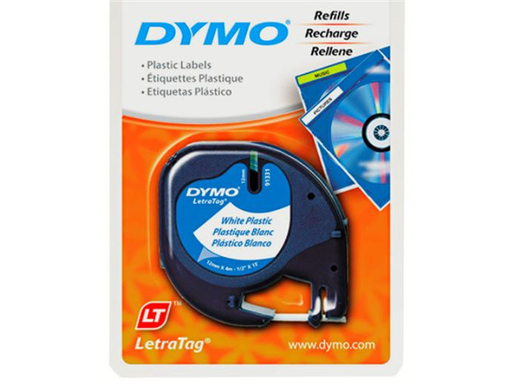 [91716] CINTA LABEL PLASTICA PARA IMPRESORA DYMO, USO EN LETRATAG, 1/2"(12MM) X 13'(4M), COLOR BLANCO.
