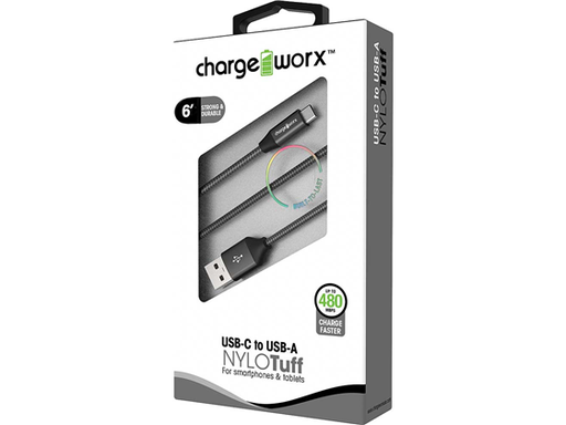 [91936] CABLE USB-C / USB-A  NYLO-TUFF PARA SMARTPHONES & TABLETS, 6FT, TRENZADO, CARGA RAPIDA 480 MPS, NEGRO