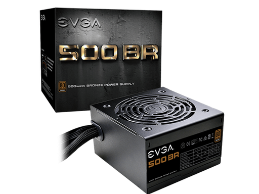 [89185] POWER SUPPLY EVGA 500 BR, 80+ BRONZE 500, 100 - 240 VAC, 8/4A, 50 - 60 HZ, 500W @ +30C, TAMAÑO 85MM (H) X 150MM (W) X 140MM (L)
