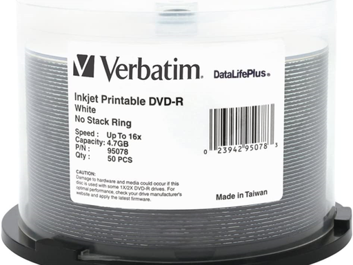 [93462] DVD-R VERBATIM 16X, 4.7GB, DATA LIFE PLUS  BLANCO INKJET PRINTIABLE SPINDLE, 50PK