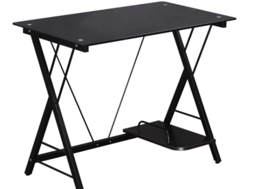 [90533] ESCRITORIO MYO CON BASE DE METAL,TOPE DE VIDRIO TEMPLADO Y ESTANTE UTILITARIO, COLOR NEGRO.