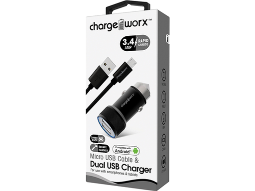 [82771] CARGADOR PARA CARRO CHARGEWORX, CABLE MICRO USB + CARGADOR PARA CARRO DUAL USB, (3.4 AMP), NEGRO, (CX3044BK)