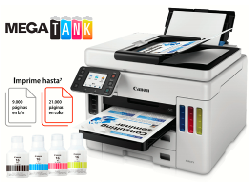 [91011] IMPRESORA CANON MAXIFY GX7010, SISTEMA TINTA CONTINUA, COLOR, 45PPM EN NEGRO Y 24PPM A COLOR, ADF (50 HOJAS), IMPRESION DUPLEX, ESCANEO DUPLEX, WIFI, ENTHERNET, DOBLE BANDEJA FRONTAL (500 HOJAS) Y BANDEJA SUPERIOR (100 HOJAS), IMPRIME HASTA 9,000 PAGINAS EN NEGRO (MODO ECO) Y 21,000 EN COLOR. CABEZAL Y CARTUCHO MANTENIMIENTO REMPLAZABLES (MC-G01). CICLO MENSUAL HASTA 45,000 IMPRESIONES.