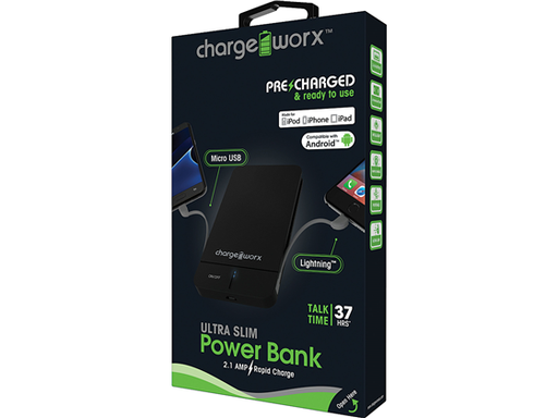 [87081] CARGADOR MOVIL (POWER BANK), ULTRA SLIM, CHARGEWORX, BATERIA RECARGABLE 5000MAH, 1 X MICRO USB + 1 X LIGHTNING PARA SMARTPHONES & TABLETS, 2.1AMP, NEGRO, CARGA RAPIDA, 37HRS, INDICADOR LED DE CARGA