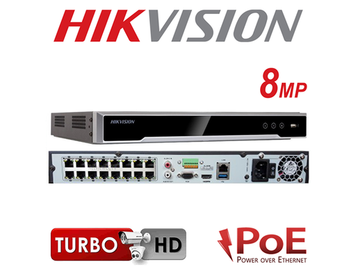 [87202] NVR HIKVISION, 16 CANALES, 4K, 16 POE NETWORK CONNECTIONS, GRABACION HASTA 8 MP, PLUG AND PLAY.