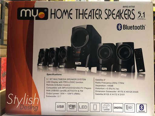 [93491] BOCINA MYO HT90, 5.1, BT V3.0, CONTROL REMOTO LECTOR SD/USB, PANTALLA LED, 80 WATTS, PRO-LOGIC, (REEMPLAZA HT80)