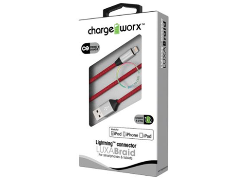 [82843] CABLE PARA SMARTPHONES & TABLETS, (IPHONE, IPOD, IPAD),  GLOSSTUFF LIGHTNING CHARGEWORX, 3FT, METALICO, ROJO