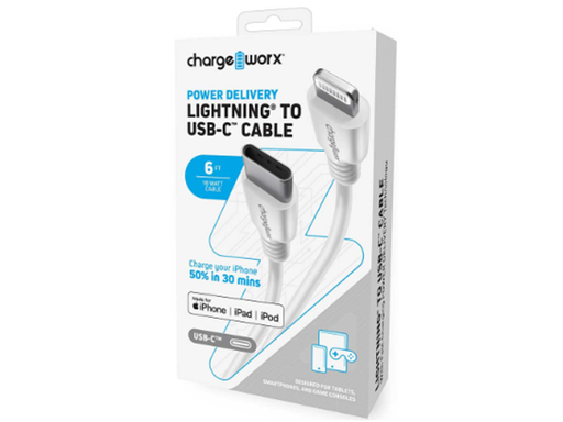 [88799] CABLE USB-C/ LIGHTNING, POWER DELIVERY, CHARGEWORX, 6FT, BLANCO.
