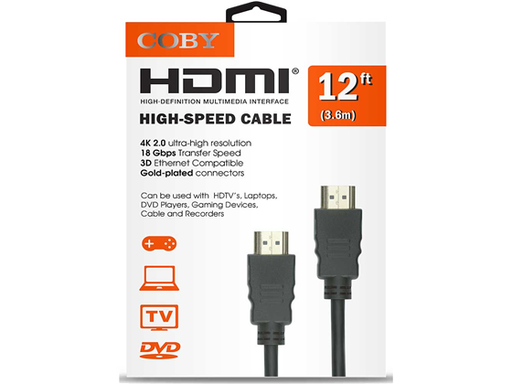[88010] CABLE HDMI 12 PIES COBY, 4K, 2.0 ULTRA-HD, NEGRO.