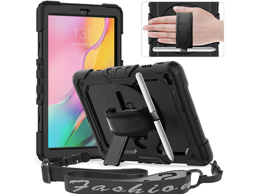[93545] COVER TIMECITY PARA  SAMSUNG GALAXY TAB A 10.1" 2019, ESTUCHE DE TRES CAPAS, SOPORTE GIRATORIO, CORREA DE MANO, STYLUS PENCIL HOLDER, PROTECTOR DE PANTALLA, NEGRO