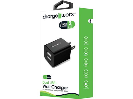 [82778] CARGADOR DE PARED DUAL USB (2.1AMP), CHARGEWORX PARA SMARTPHONES & TABLETS, NEGRO / GREEN